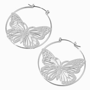 Silver-tone Filigree Butterfly 50MM Hoop Earrings,