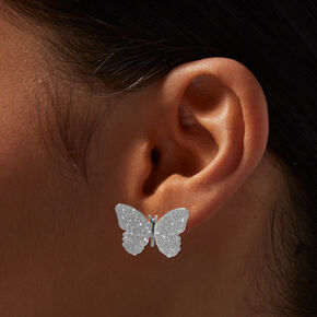 Glitter Butterfly Silver-tone Stud Earrings,