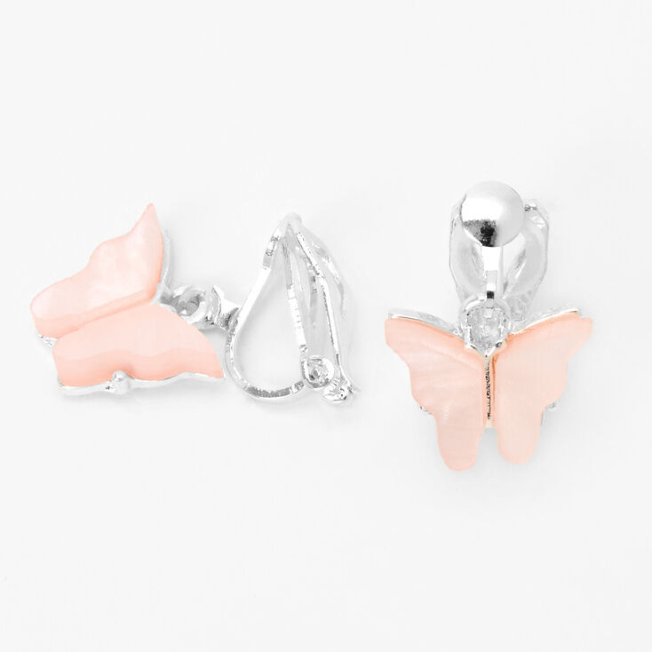 Pink Butterfly Clip On Drop Earrings,
