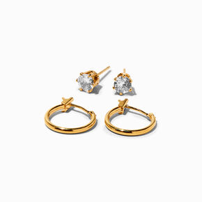 18K Gold Plated Cubic Zirconia Stud &amp; Hoop Earrings - 2 Pack,