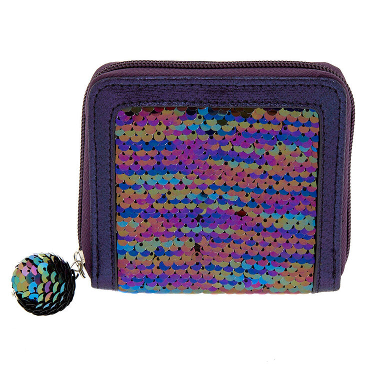 Reversible Sequin Oil Slick Mini Zip Wallet - Purple,