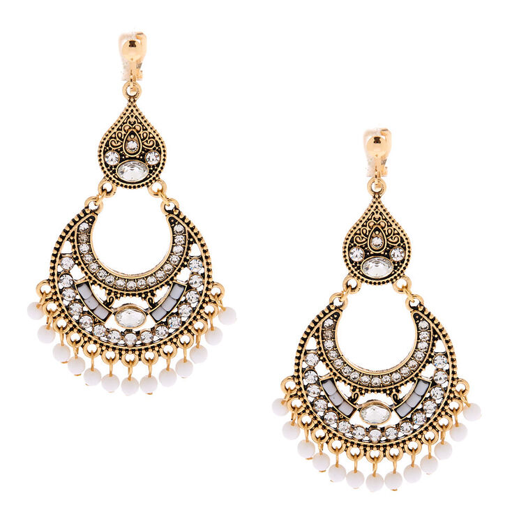 Gold 2.5" Beaded Filigree Clip On Drop Earrings - White,