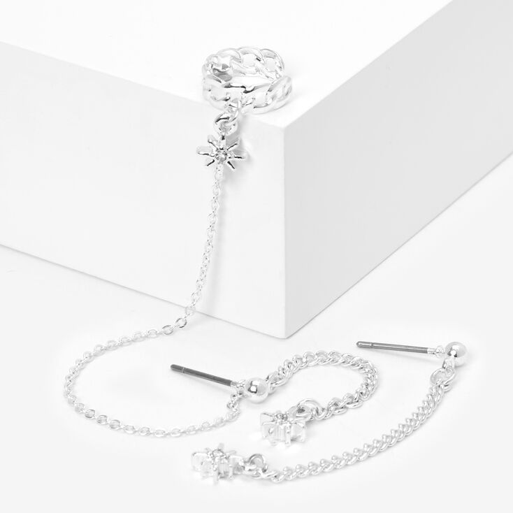 Silver Starburst Ear Cuff Connector Chain Earrings,