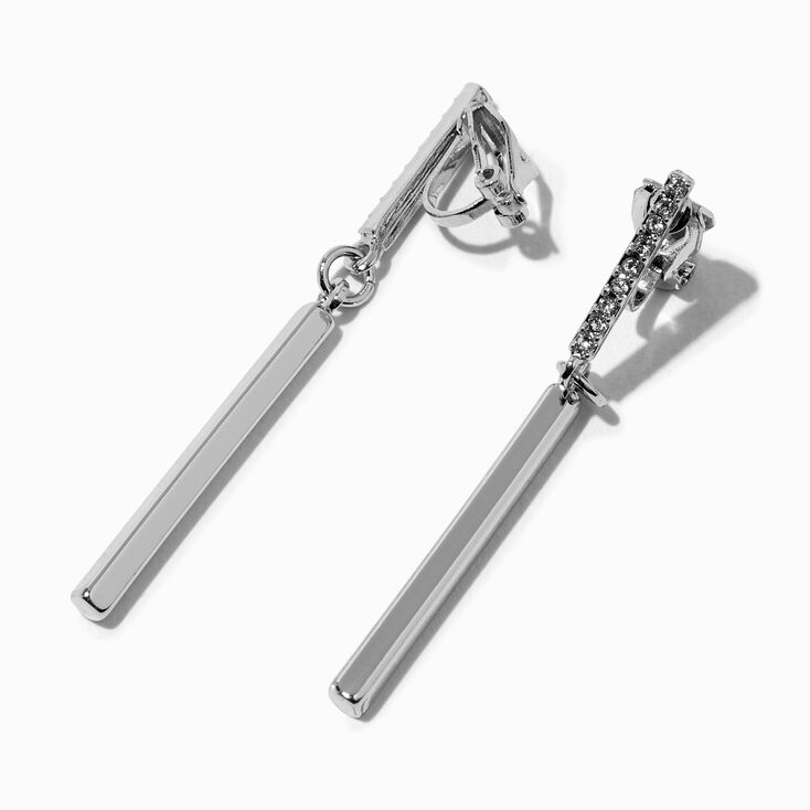 Silver 2&quot; Embellished Bar Clip-On Drop Earrings,