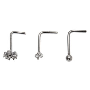 Silver Cubic Zirconia 20G Crystal Flower Nose Studs - 3 Pack,