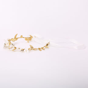 Gold-tone Metallic White Flower Crown Tie Headwrap,