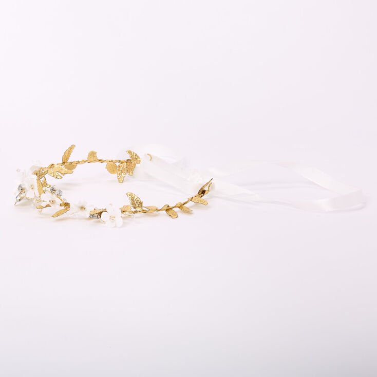 Gold-tone Metallic White Flower Crown Tie Headwrap,
