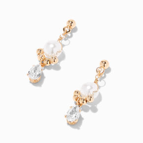 Gold Pearl Cubic Zirconia 1&quot; Drop Earrings,