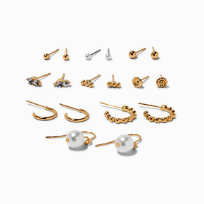 Gold Crystal Swirl &amp; Pearl Mixed Earrings Set - 9 Pack,