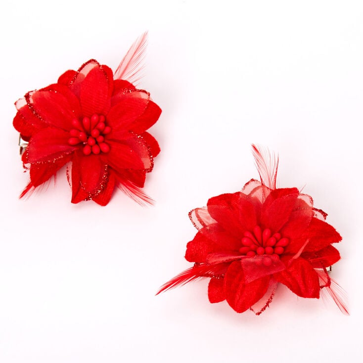 Red Lily & Feathers Hair Clips,
