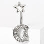 Silver 14G Embellished Crescent Moon Dangle Belly Ring,