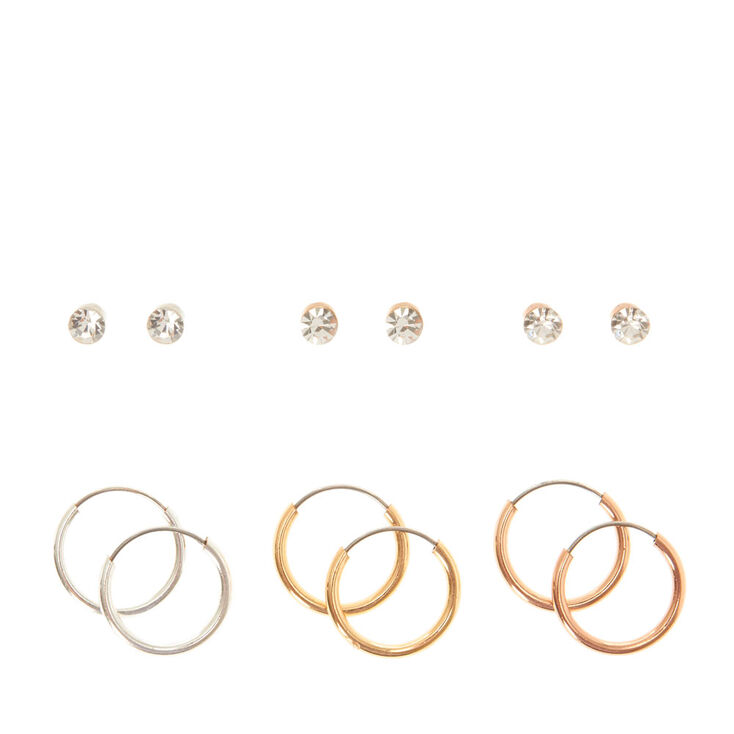 Mixed Metal Crystal Stud & Hoop Earring Set,