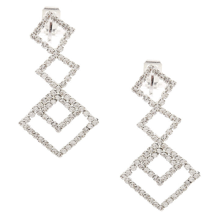 Silver 2" Geometric Crystal Clip On Drop Earrings,