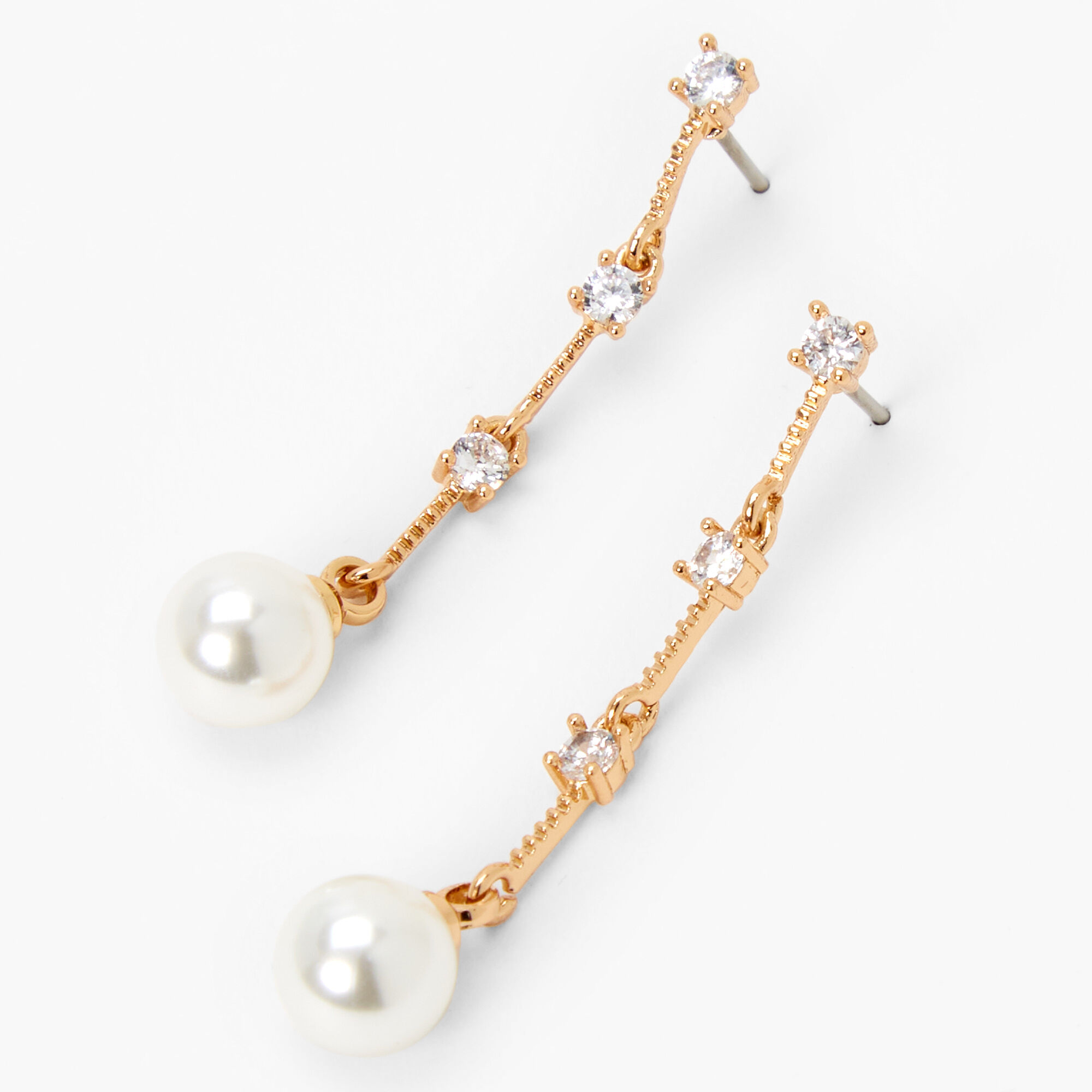 Gold tone Pearl Rhinestone 2 Linear Drop Earrings Icing US