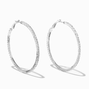 60MM Silver Tone Faux Crystal Lined Hoop Earrings,