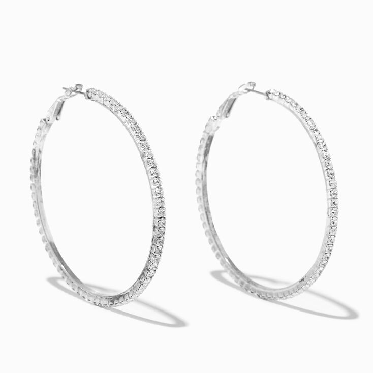 60MM Silver Tone Faux Crystal Lined Hoop Earrings,