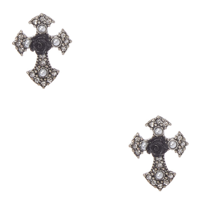 Carved Rose Gothic Cross Stud Earrings,
