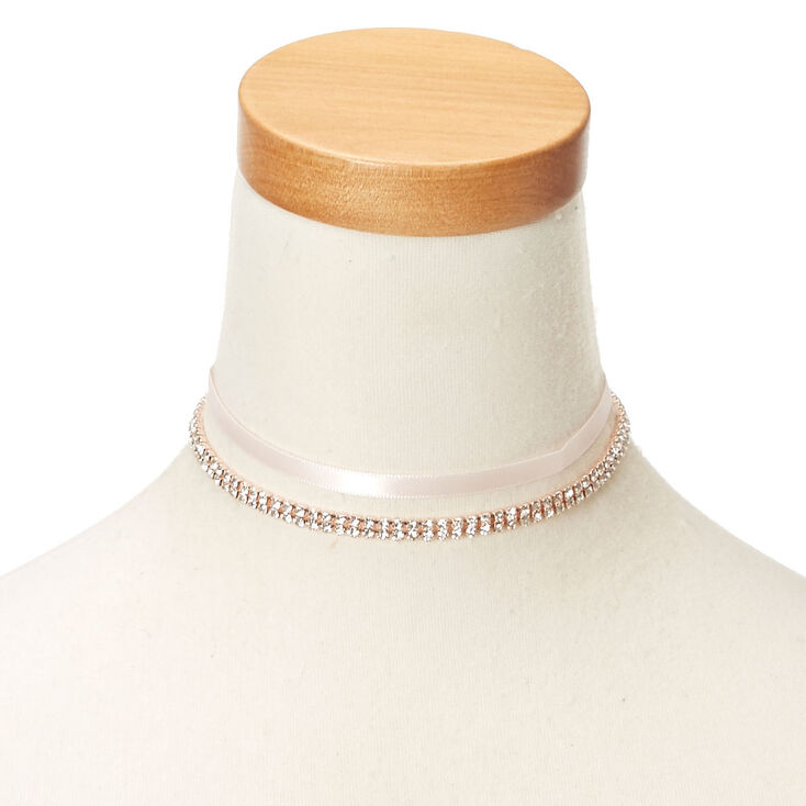 Double Layered Blush Rhinestone & Satin Choker,
