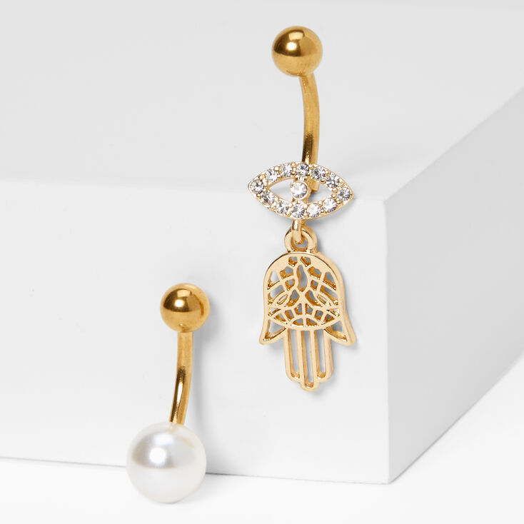 Gold Hamsa Hand &amp; Pearl 14G Belly Rings - 2 Pack,