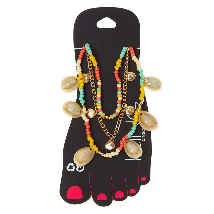 Gold Tropical Beaded Cowrie Shell Multi Strand Anklet,
