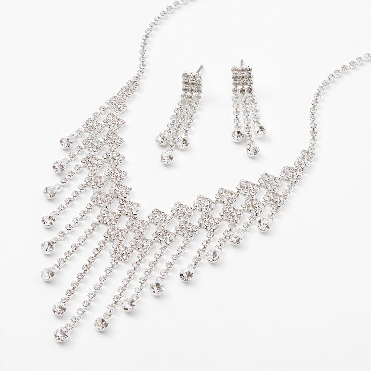Silver Crystal Waterfall 16&quot; Necklace &amp; 1&quot; Drop Earrings Jewelry Set - 2 Pack,