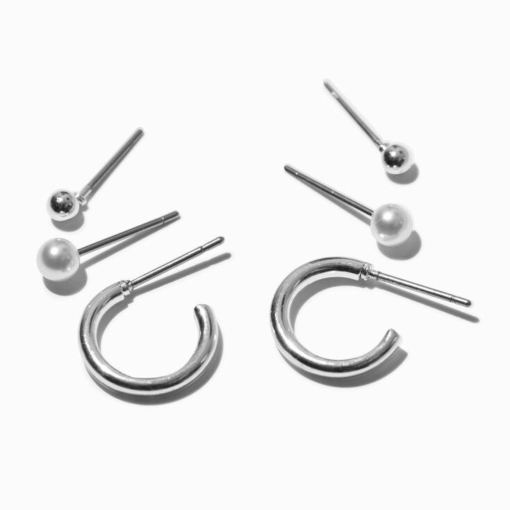 Silver Pearl Earring Stackables Set - 3 Pack,
