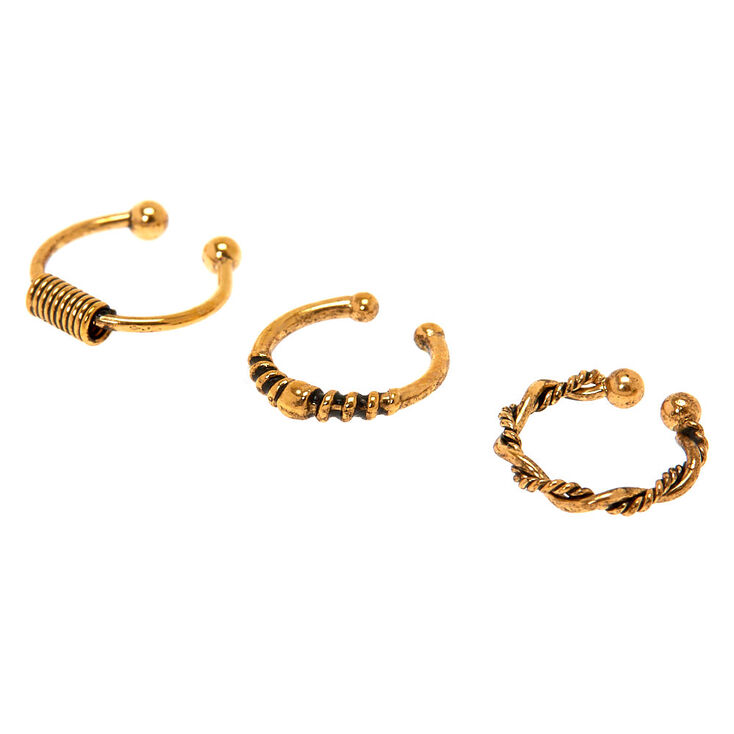 Gold Burnt Bali Faux Hoop Nose Rings - 3 Pack,