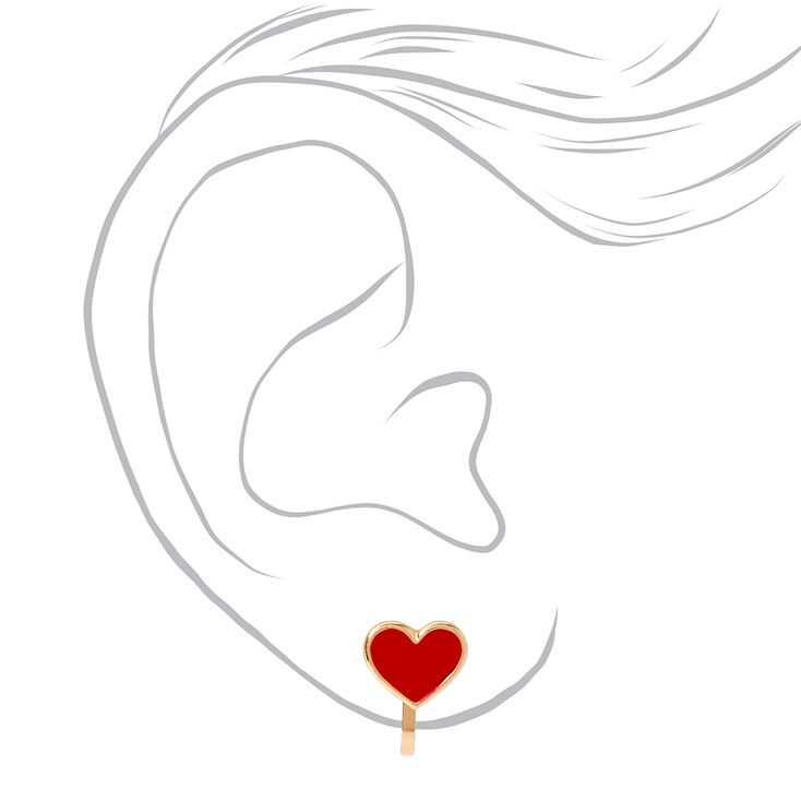 Gold Heart Clip On Stud Earrings - Red,