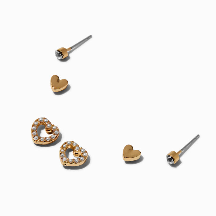 Gold-tone Stacked Pearl Heart Stud Earrings - 3 Pack,