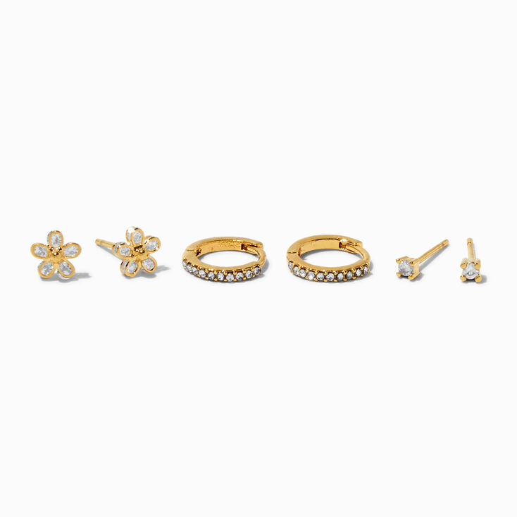 ICING Select 18k Yellow Gold Plated Cubic Zirconia Flower Studs &amp; Hoop Earrings - 3 Pack,