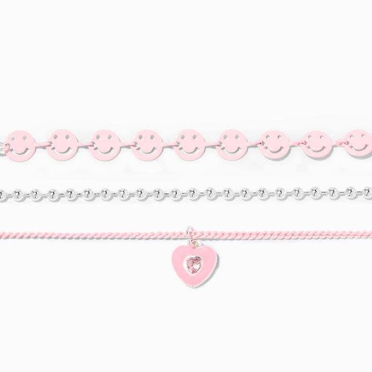 Pink Heart &amp; Happy Face Chain Bracelets - 3 Pack,