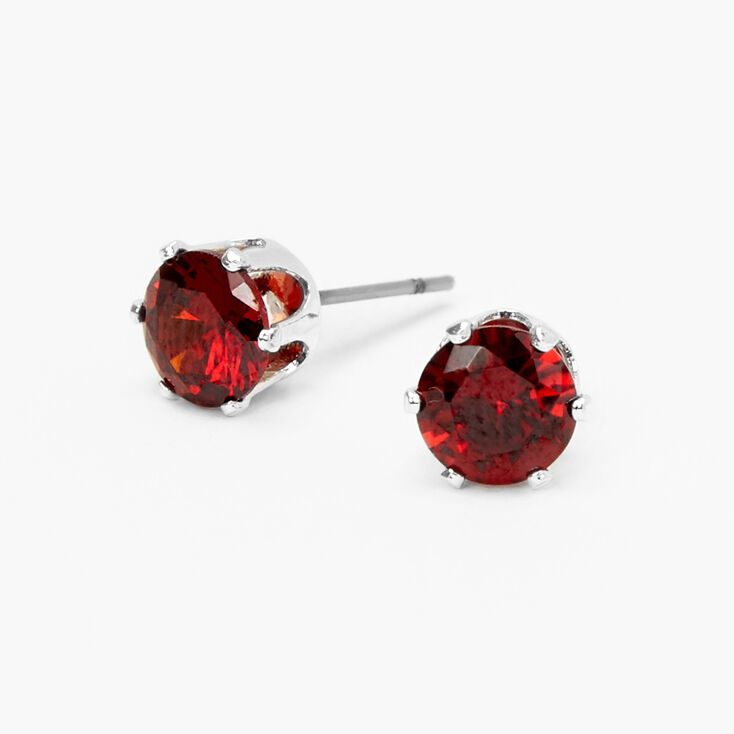 Silver Cubic Zirconia Round Stud Earrings - Ruby, 7MM,