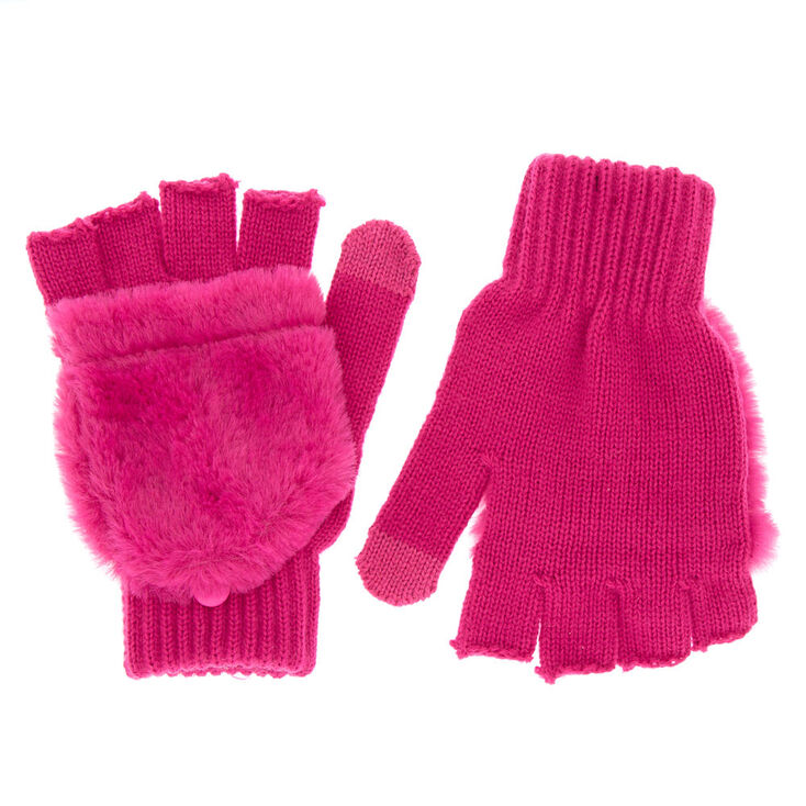 Touch Screen Fingerless Gloves with Furry Mitten Flap - Pink,