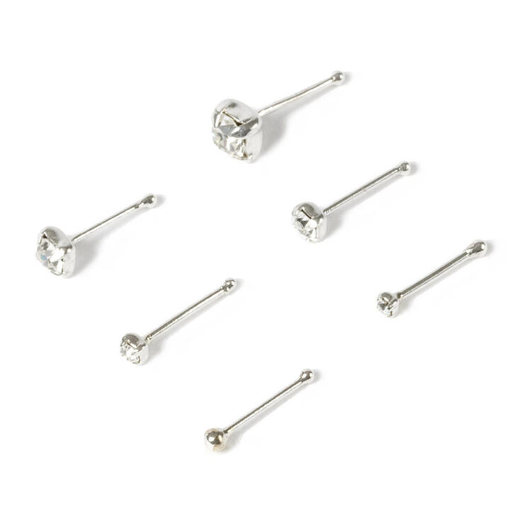 Sterling Silver 22G Graduated Crystal Nose Studs - 6 Pack,
