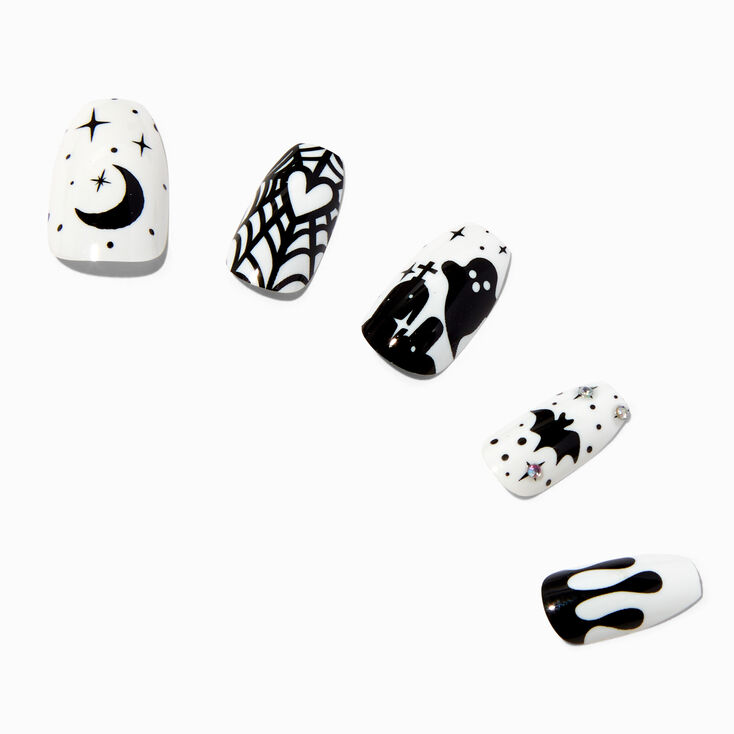 Halloween Black &amp; White Icons Squareletto Press On Faux Nail Set - 24 Pack,