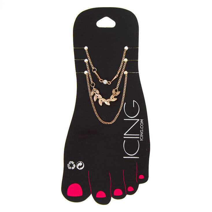Rose Gold Pearl Leaf Chain Anklets - 3 Pack,