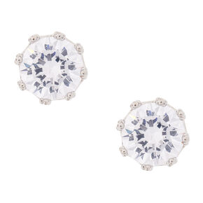 Silver Cubic Zirconia Round Stud Earrings - 8MM,