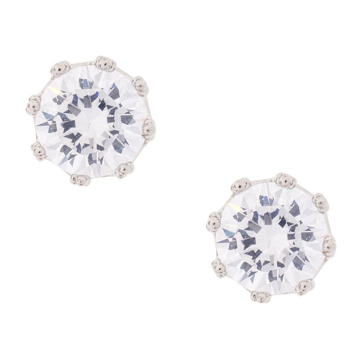 Silver Cubic Zirconia Round Stud Earrings - 8MM,