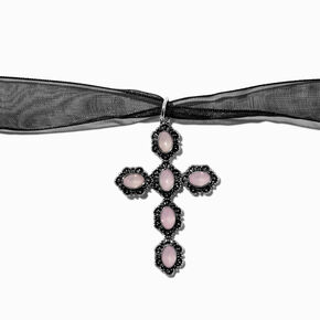 Purple Filigree Cross Pendant Black Ribbon Choker Necklace ,