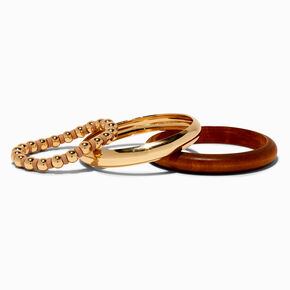 Gold-tone Metal &amp; Wood Bangle Bracelets - 3 Pack,