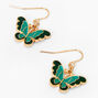 Gold 1&quot; Blue &amp; Green Butterfly Drop Earrings,