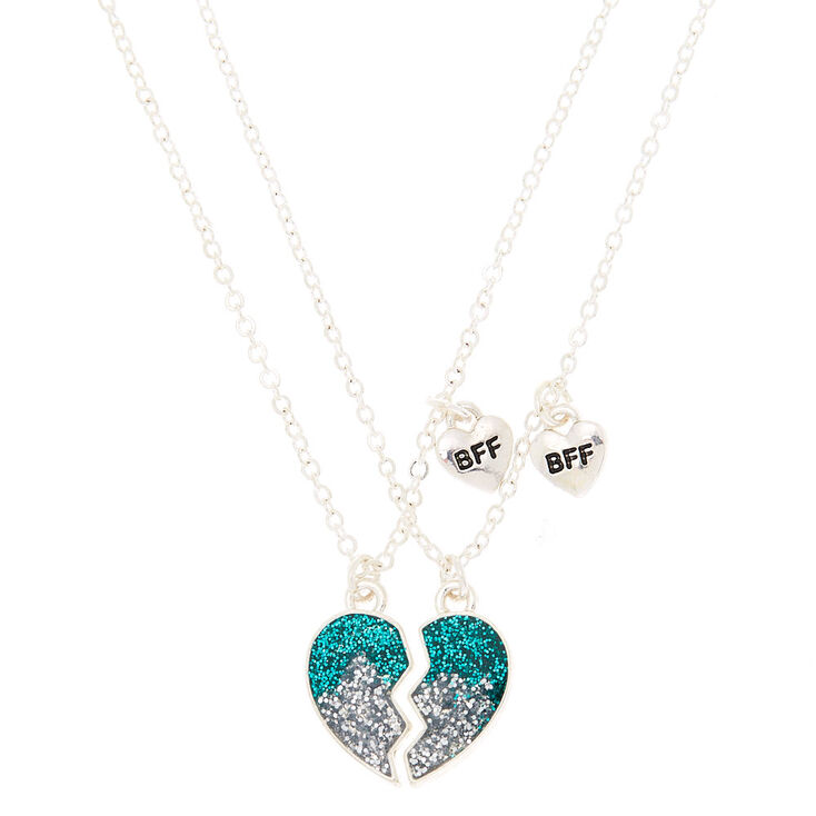 Best Friends Ombre Glitter Heart Pendant Necklaces - Teal, 2 Pack,