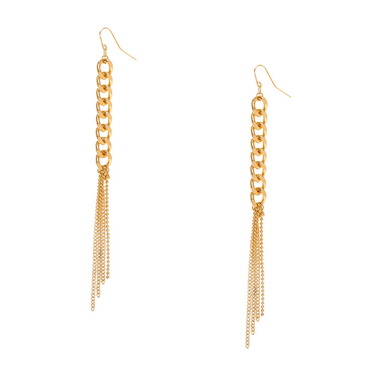 Gold Tone Chain Link & Fringe Drop Earrings,
