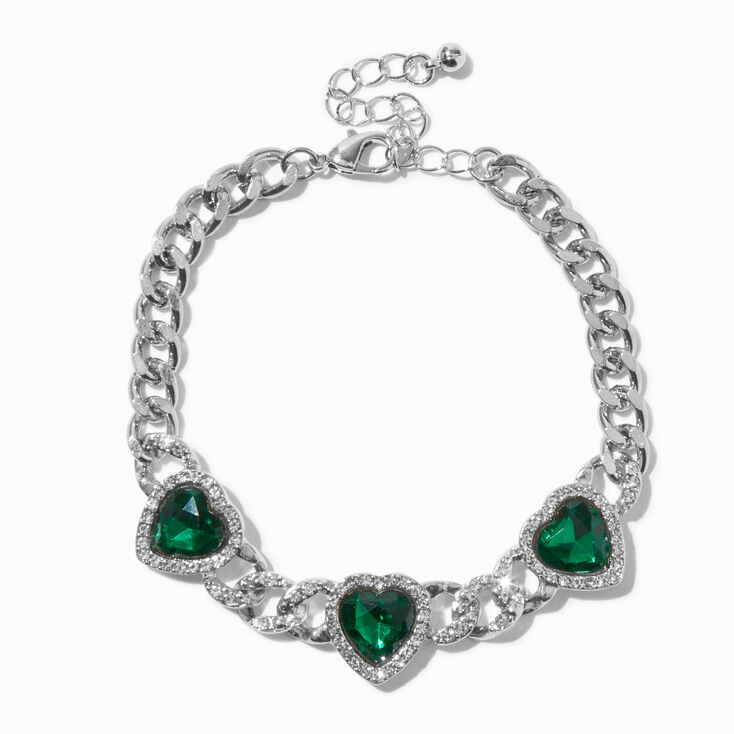 Green Heart Silver-tone Curb Chain Bracelet,