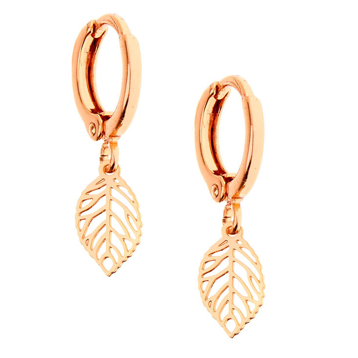 18kt Rose Gold Plated Leaf Huggie Hoop Earrings,