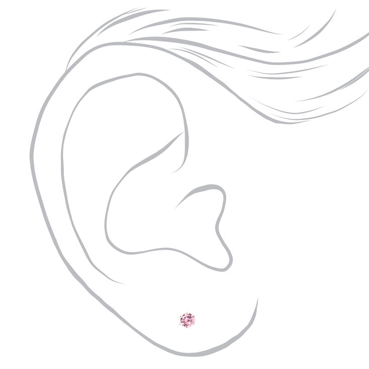 Silver Cubic Zirconia Round Stud Earrings - Pink, 3MM,