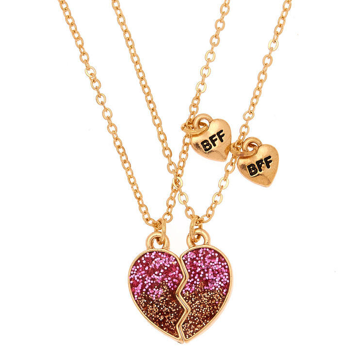 Best Friends Ombre Glitter Heart Pendant Necklaces - Pink, 2 Pack,