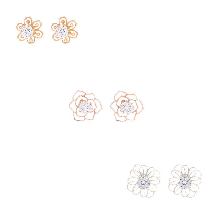 Mixed Metal Cubic Zirconia Flower Stud Earrings - 3 Pack,
