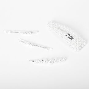 Silver Pearl Hair Pin &amp; Snap Clip Set - White, 4 Pack,