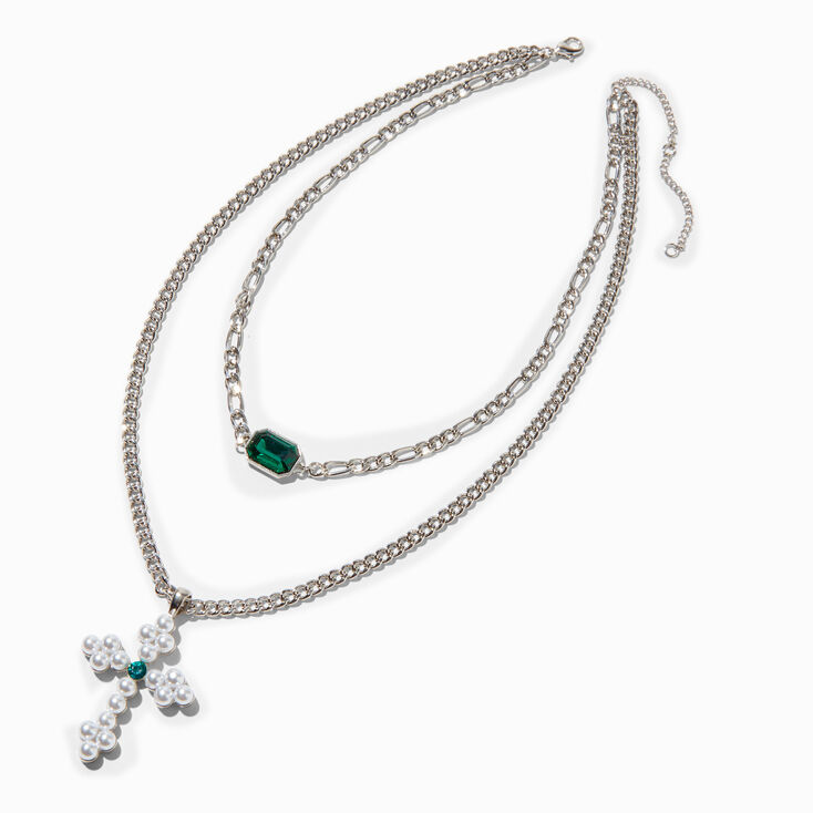 Silver-tone Pearl Cross Emerald Multi-Strand Necklace,